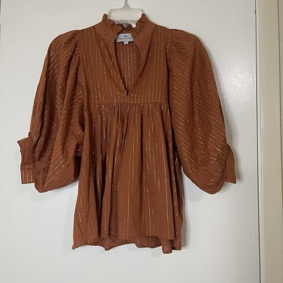 Never a Wallflower Rust brown Shimmer metallic stripe puff sleeve blouse top S - Picture 1 of 4
